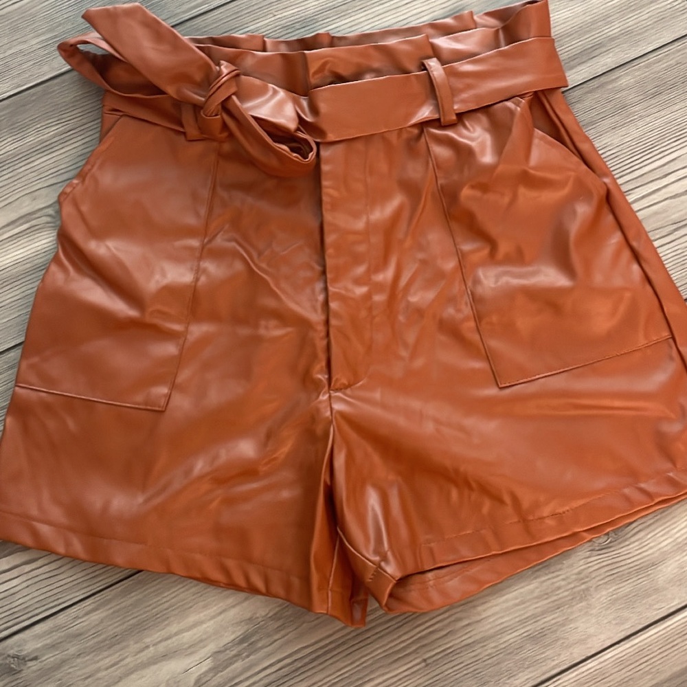Caramel faux leather shorts